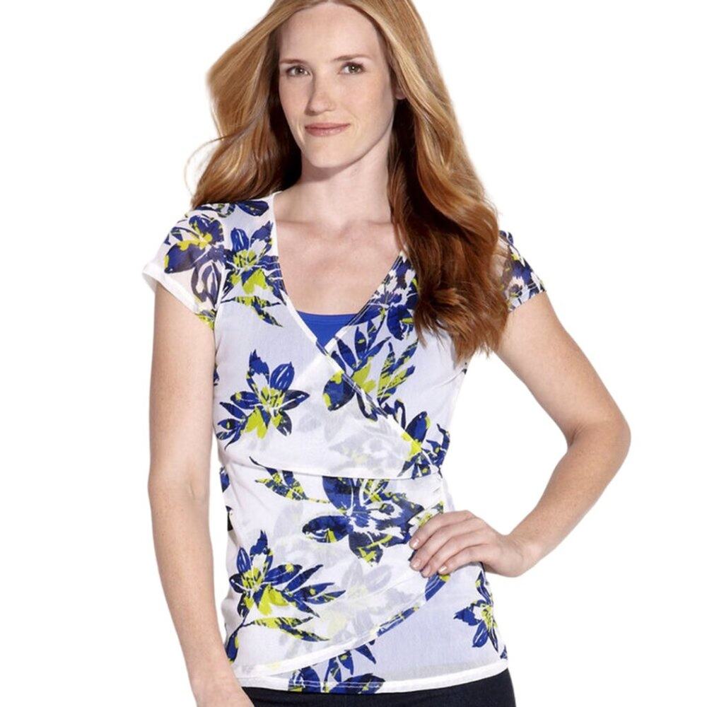 Karen Kane "Electric Tide" White/Blue Stencil Flower Wrap Mesh Top NWT S…